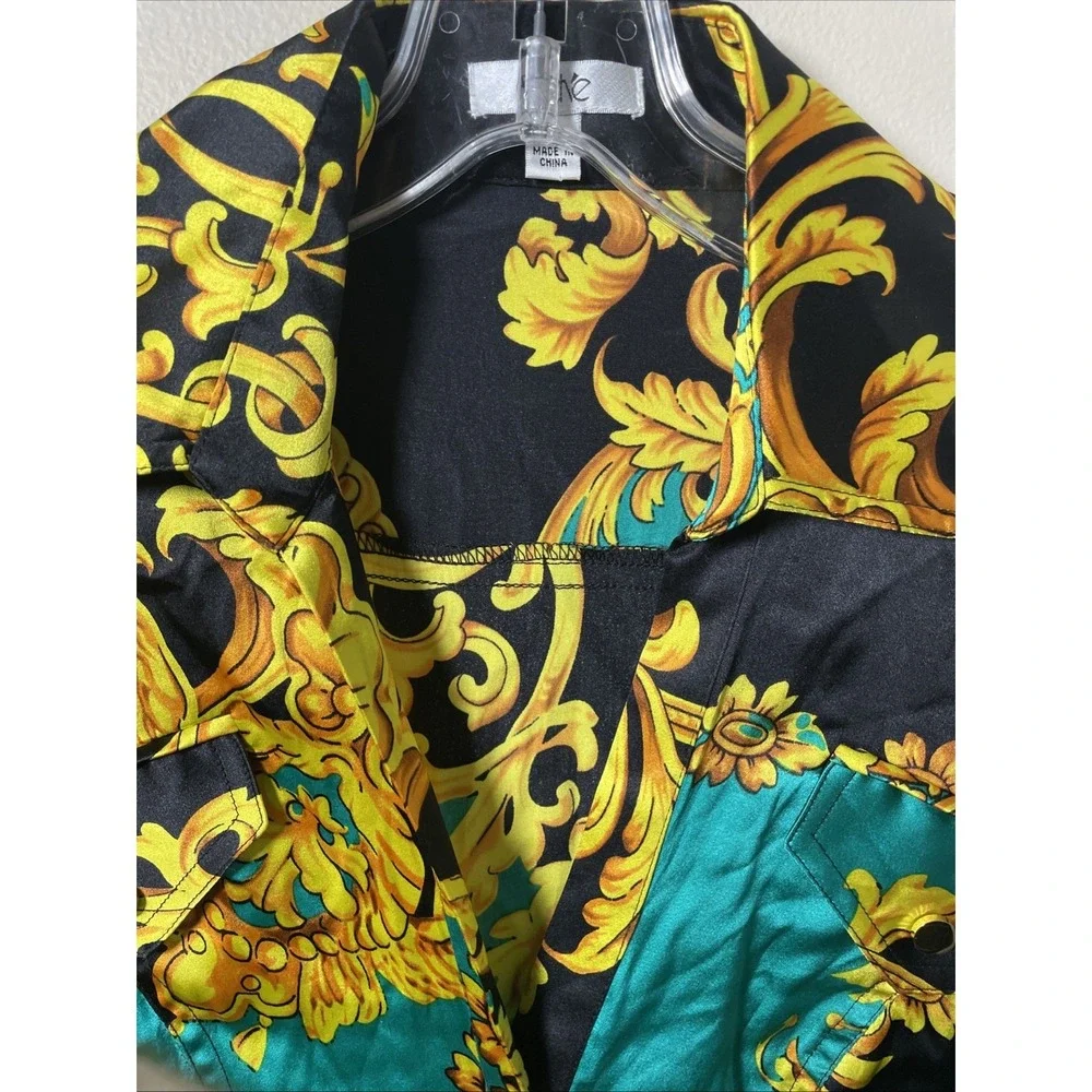 CACHE SILK GOLD BAROQUE  PRINT , BUTTON UP COLLARED SHIRT BLOUSE Women's Size XS
